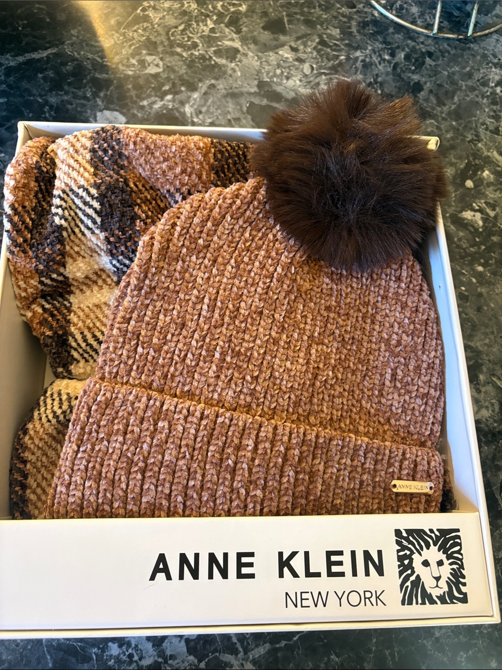 Anne Klein dusty rose knit beanie with brown faux fur pom